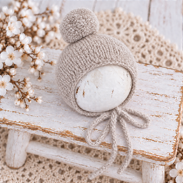 Touca Pompom Mohair Bege Claro