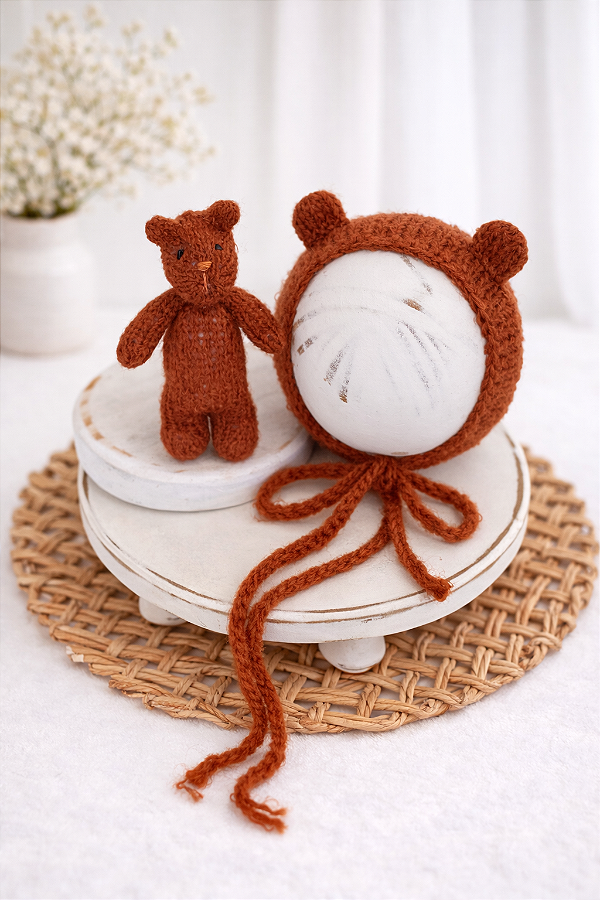 Conjunto Touca e Ursinho de Mohair Ferrugem