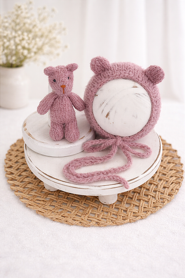 Conjunto Touca e Ursinho de Mohair Rosê