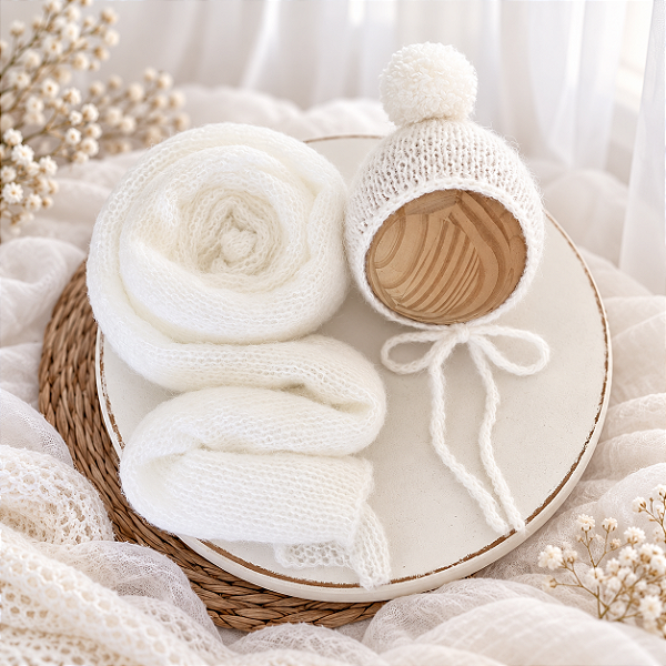 Conjunto Wrap com Touca Pompom Mohair Branco
