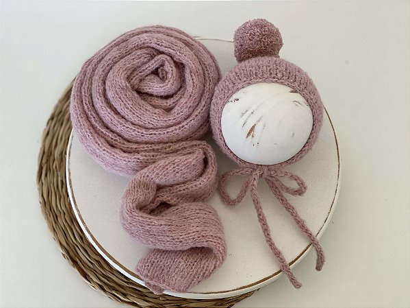 Conjunto Wrap com Touca Pompom Mohair Rosê