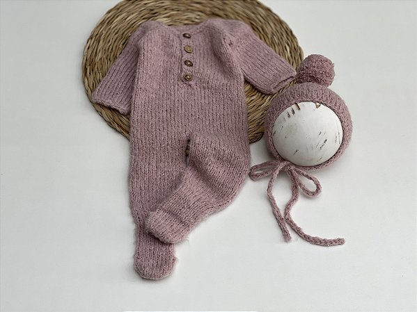 Conjunto Macacão Mohair Touca Pompom Rosê