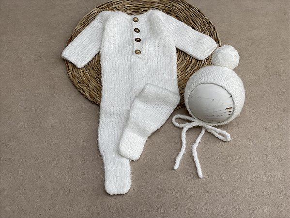 Conjunto Macacão Mohair Touca Pompom Branco