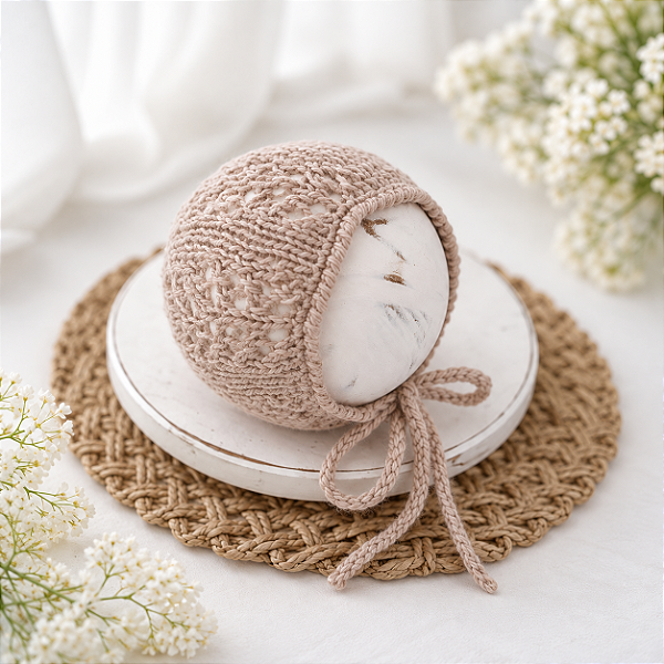 Touca Merino Trabalhada Bege Newborn