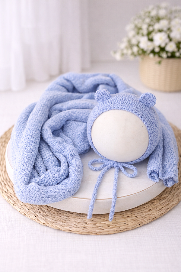 Conjunto Wrap e Touca Ursinho Sweet Azul Bebê