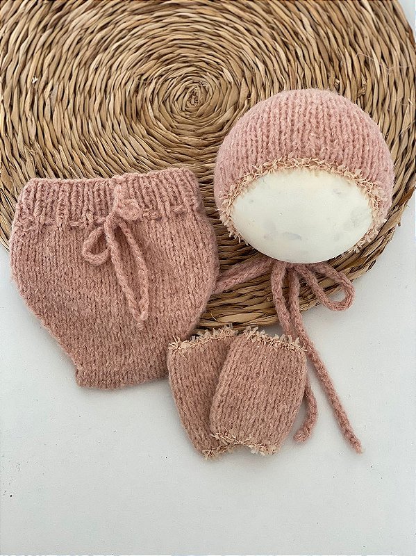 Kit Tapa Fralda, Touca e Polaina Newborn Salmão