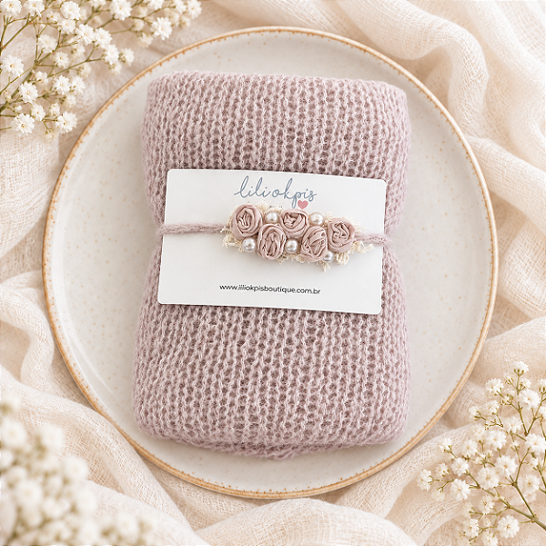 Conjunto Wrap Mohair com Headband Rosa Nude