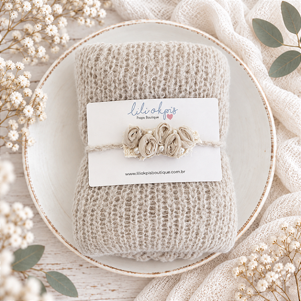 Conjunto Wrap Mohair com headband Bege Clarinho