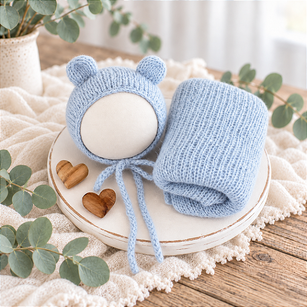 Conjunto Wrap Mohair Ursinho Azul Bebê