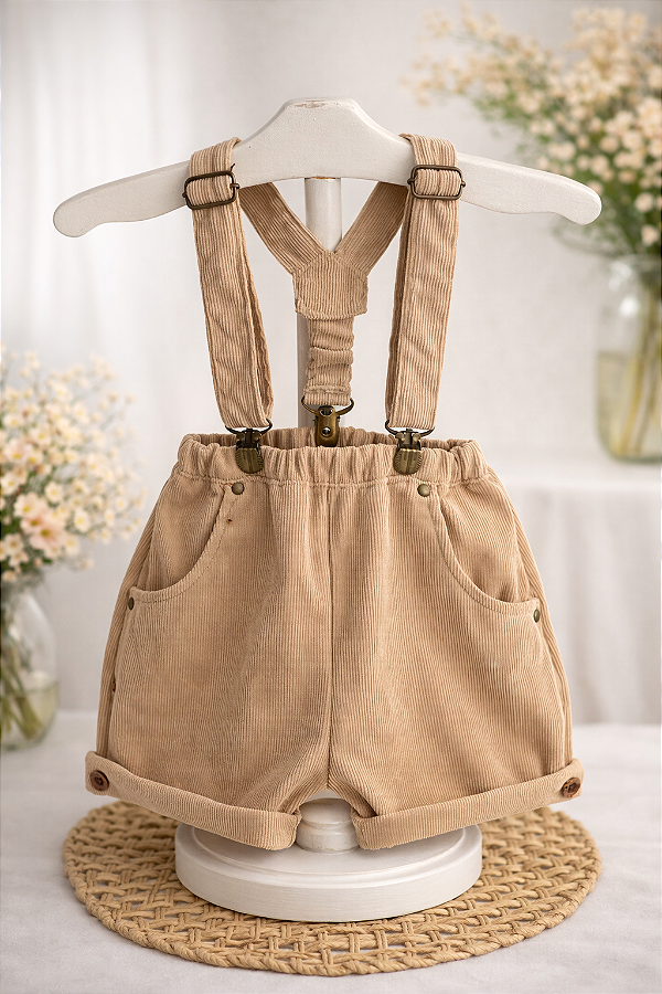 Bermuda com Suspensório Veludo Cotelê Amêndoas