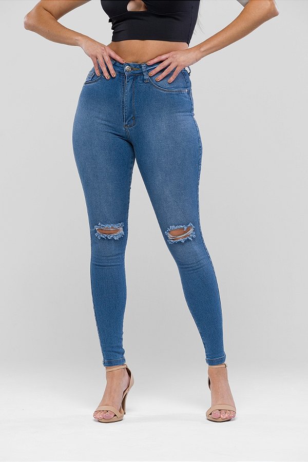 Calça Jeans Skinny Melinda com Destroyed e Empina Bumbum