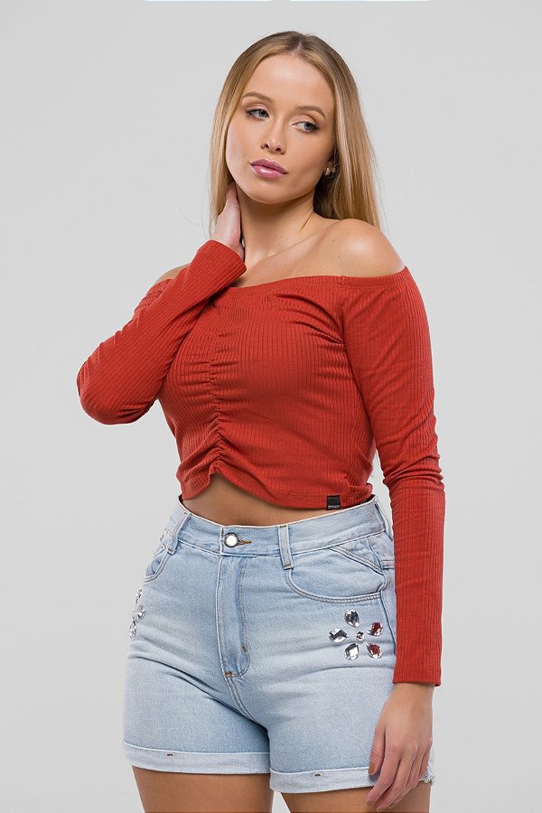 Cropped Canelado Manga Longa