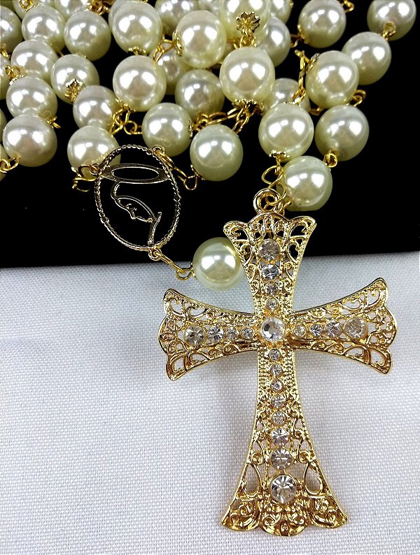 Terço De Noiva Dourado Perolas Creme Entremeio Maria