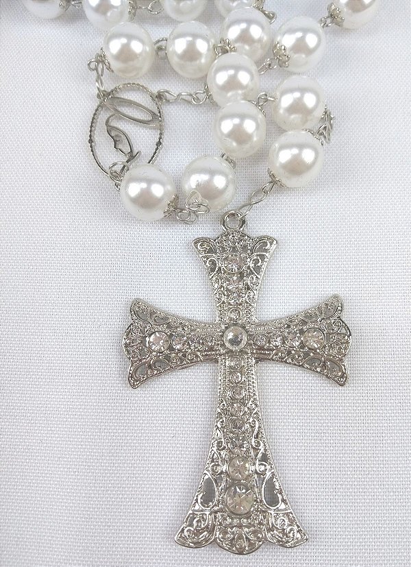 Terço De Noiva Prata Perolas Brancas Entremeio Maria