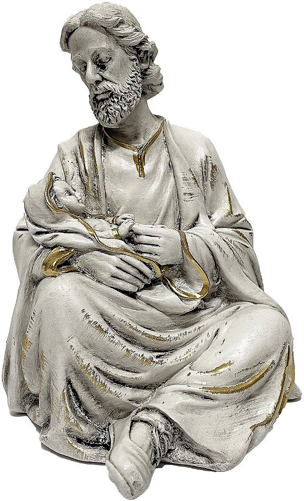 Imagem Estatueta São José e Menino Jesus no colo Prata 20cm Gesso
