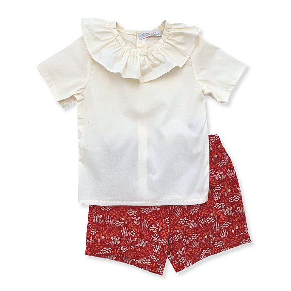 Conjunto Infantil Feminino - Bata e Shorts Estampado Floral Vermelho