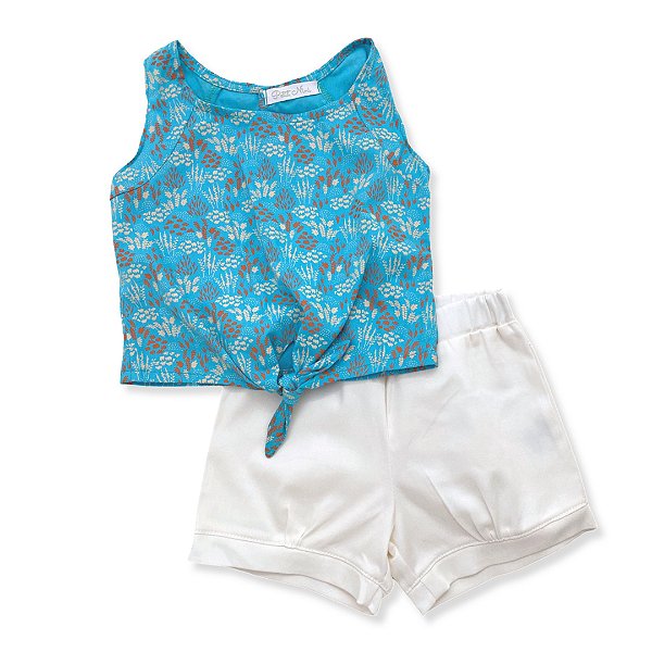 Conjunto Infantil Cropped Estampada + Shorts Off White - Tam 1 a 2