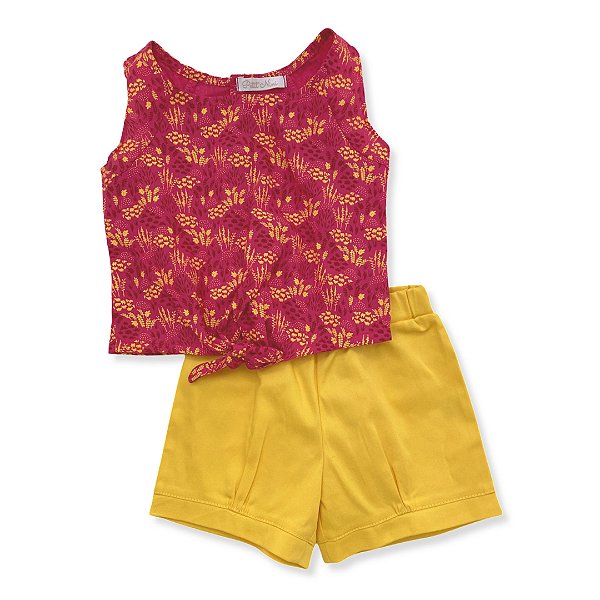 Conjunto Feminino Infantil - Cropped Estampada + Shorts Amarelo