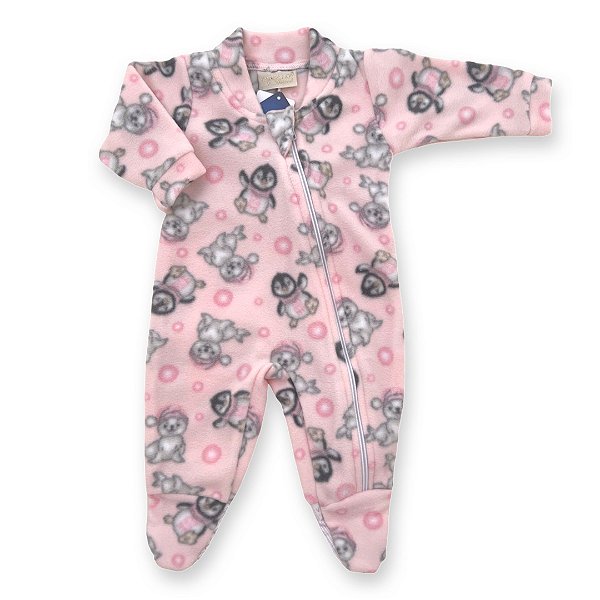 Pijama Macacão Soft Infantil - Estampa Pinguins Rosa - Tam P a 2