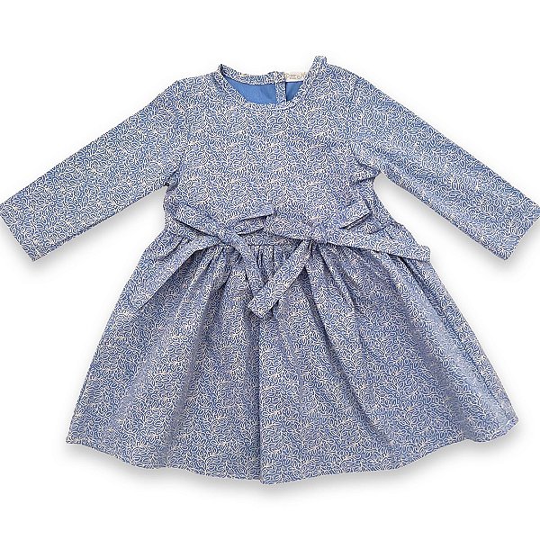Vestido Infantil Manga Longa Estampa Folha Azul - Tam M a 8