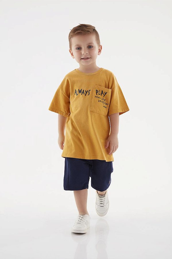 Conjunto Infantil Masculino Bermuda Marinho e Camiseta Mostarda