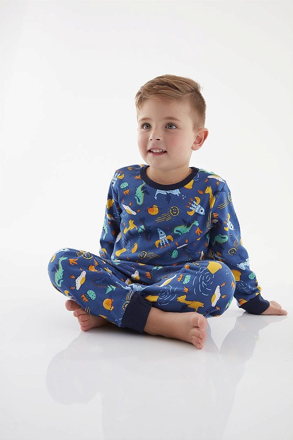 Pijama Infantil Calça e Manga Longa Estampa Foguetes
