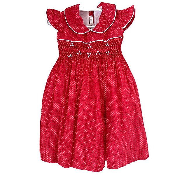 Vestido Casinha de Abelha com Gola Boneca - Poá Vermelho- Tamanho 1