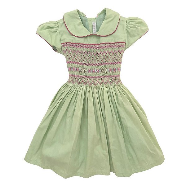 Vestido Casinha de Abelha com Gola Boneca - Verde Claro - Tamanho 2