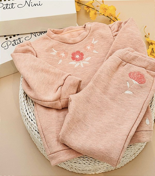 Conjunto Peluciado Moletom Bordado Floral Farm Rosa