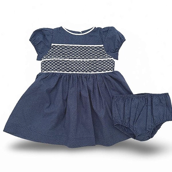 Vestido Baby Caseado Poá Azul Marinho