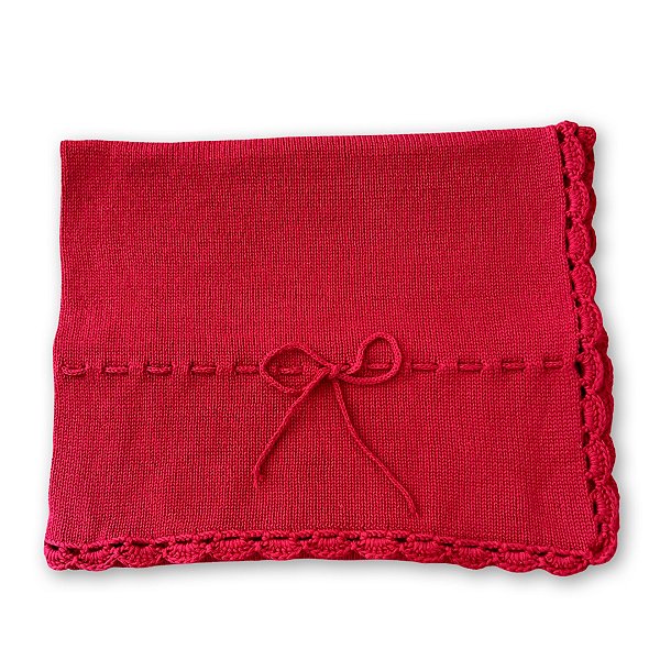 Manta de Tricô com Barra Crochê Leque Vermelha