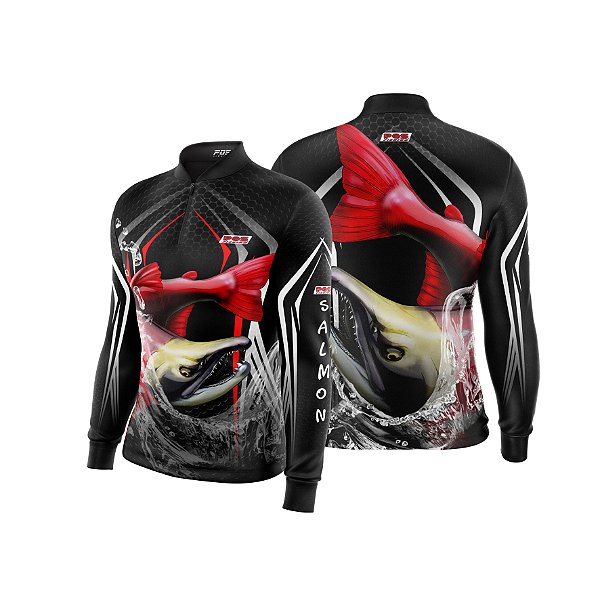 Camisa de Pesca Gola com Zíper 2019 Ref. 64 Estampa Peixe Salmon de Água Salgada