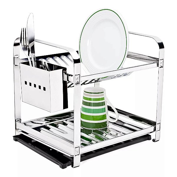 Escorredor de Louças 12 Pratos Porta Talher Inox Bandeja Mak-Inox 2212