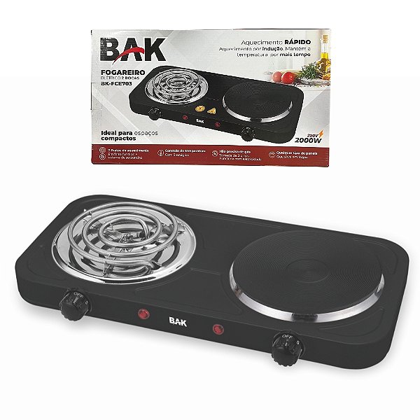 Fogareiro Elétrico 220v Indução 2000w 2 Bocas Bak BK-FCE703-220 Preto