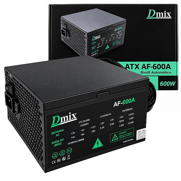 Fonte de Alimentação ATX 600W Bivolt para PC Desktop Dmix AF-600A