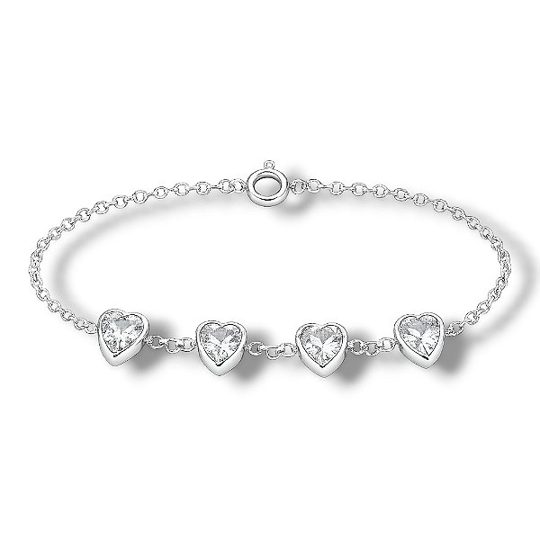 Pulseira de Prata Corações Zircônia