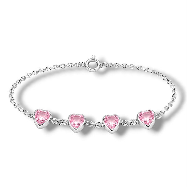Pulseira de Prata Corações Zircônia Rosa Bebê