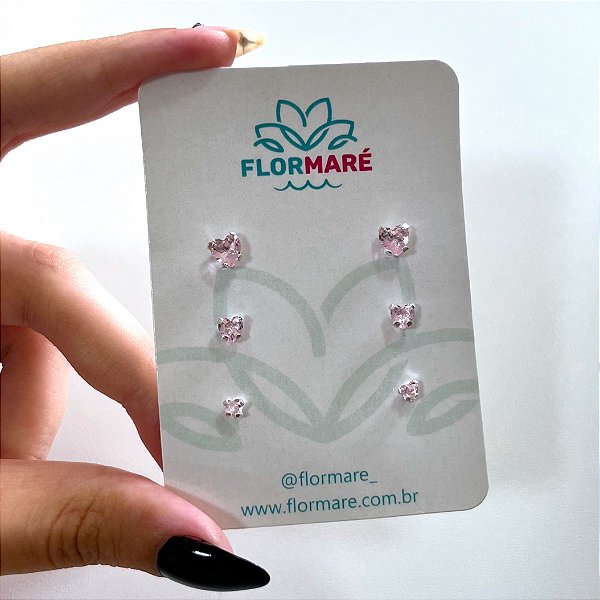 Trio de Prata Coração Rosa Bebê Zircônia