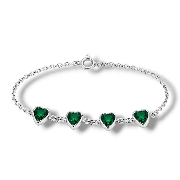 Pulseira de Prata Corações Zircônia Verde Esmeralda