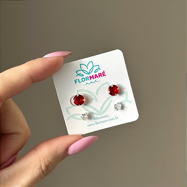 Duo de Prata Redondo Vermelho e Coração