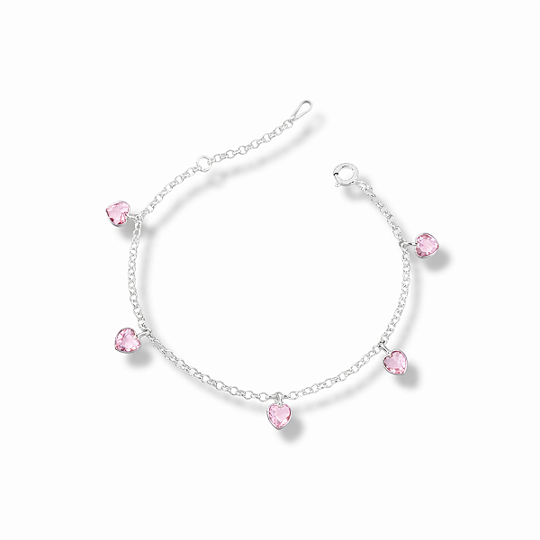 Pulseira de Prata Corações Rosa Bebê