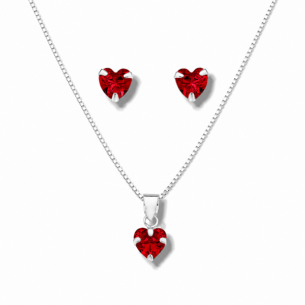 Conjunto de Prata Coração Vermelho Zircônia 40 cm v12