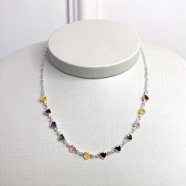 Choker de Prata Corações Colors
