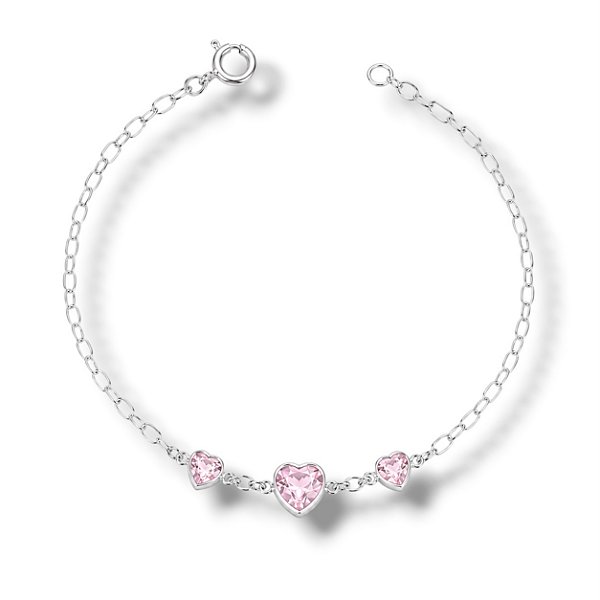 Pulseira de Prata Três Corações Rosa Bebê