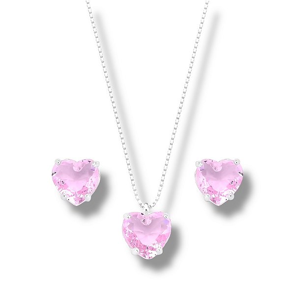 Conjunto de Prata Coração Rosa Bebê Zircônia