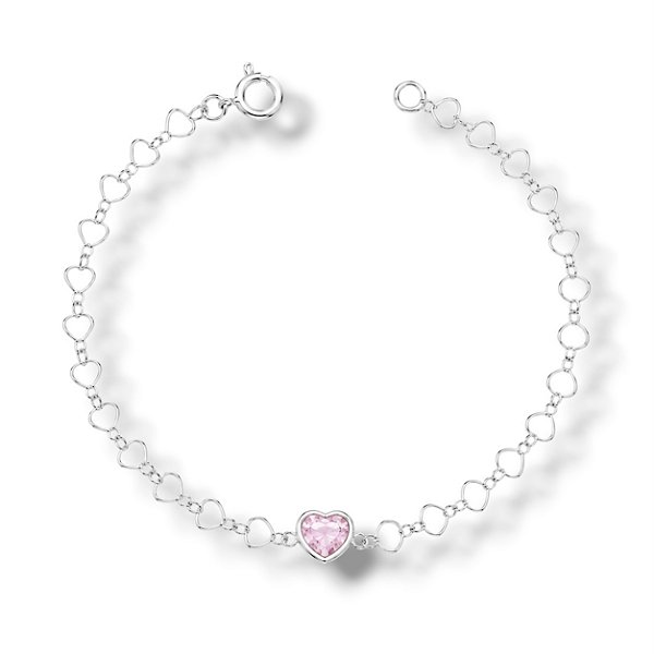 Pulseira de Prata Elo de Corações e Coração Rosa