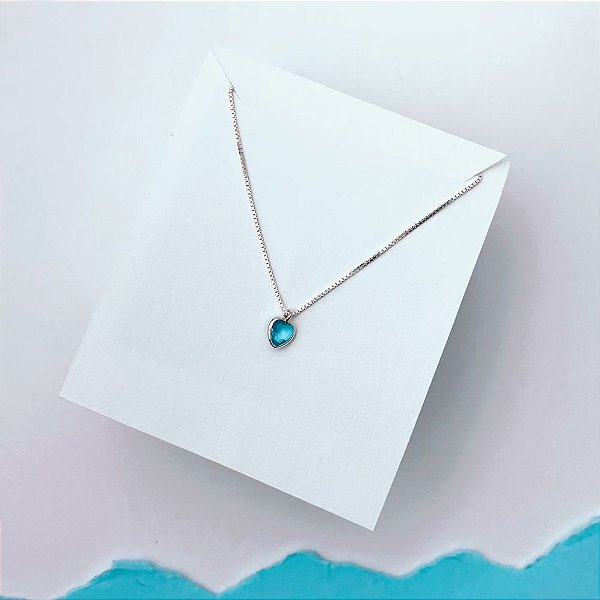 Colar de Prata Mini Coração Azul Bebê 40 cm