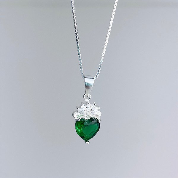 Colar de Prata Coração Coroa Cravejado Verde Esmeralda