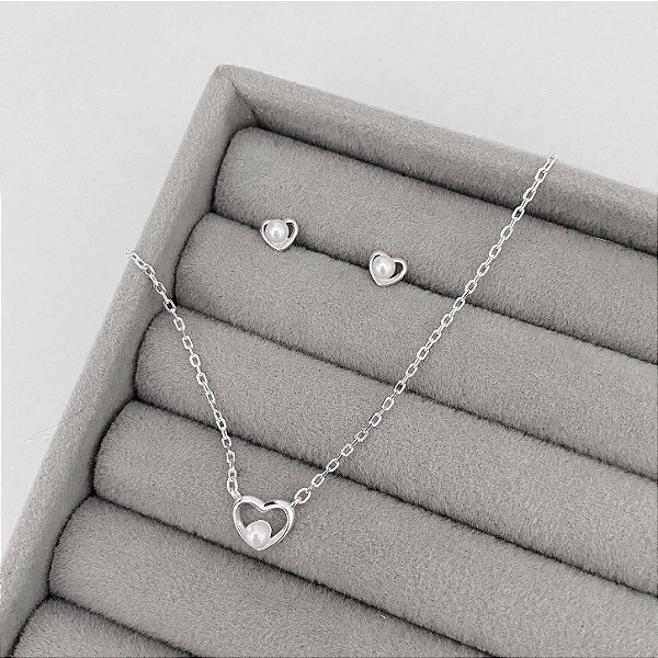 Conjunto de Prata Coração com Pérola