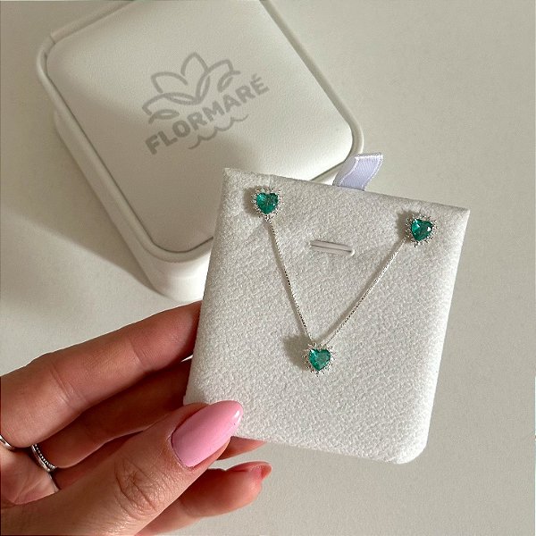 Conjunto de Prata Coração Turquesa 40 cm